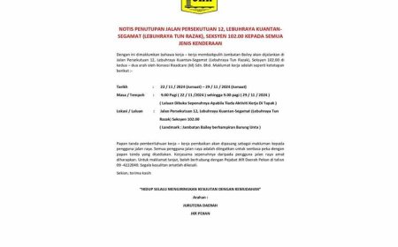 Laluan Kuantan-Segamat berhampiran kawasan burung unta ditutup seminggu