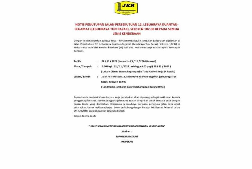Laluan Kuantan-Segamat berhampiran kawasan burung unta ditutup seminggu