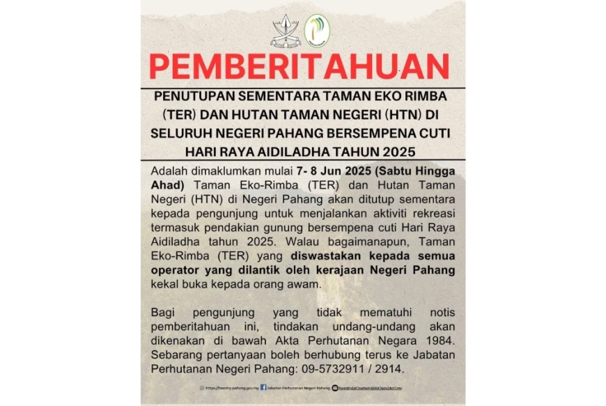 Taman Eko Rimba, HTN Pahang ditutup dua hari sempena Aidiladha